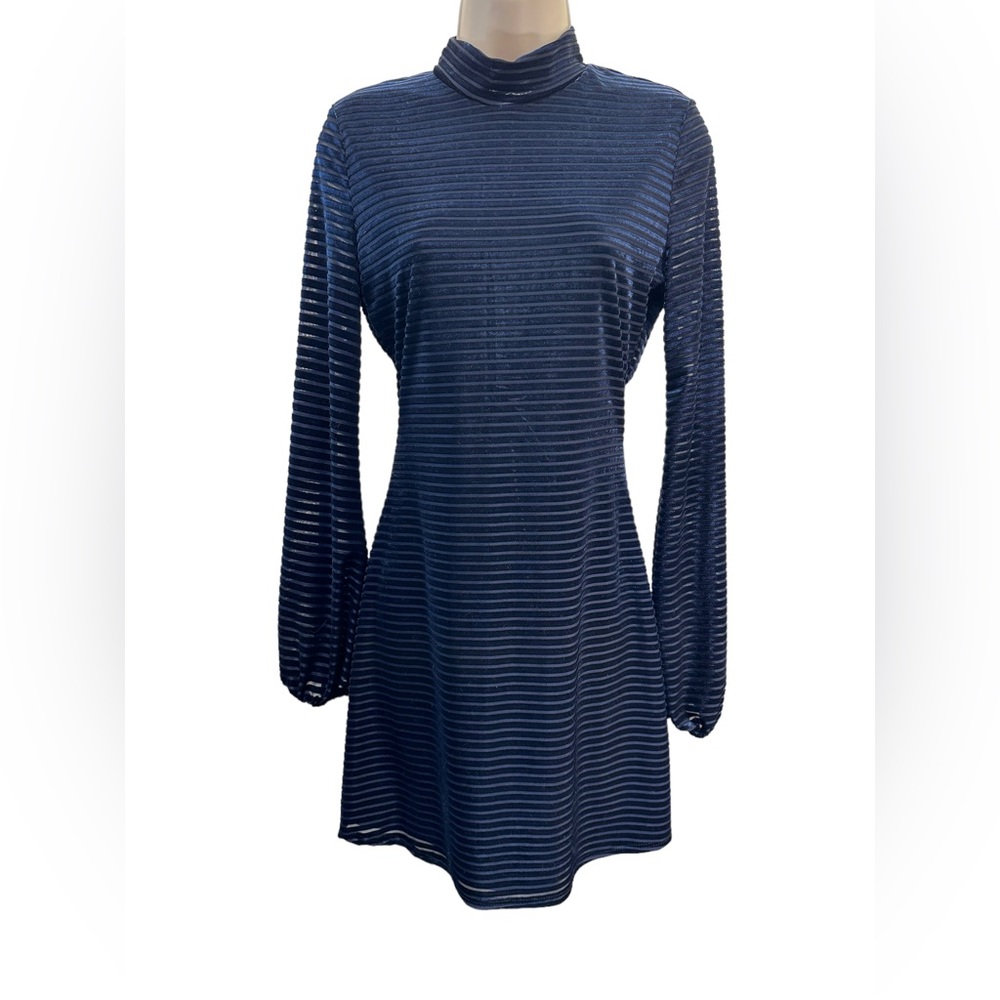 Lulus Ticket to Chic Navy Blue Striped Velvet Balloon Sleeve Dress - Picture 6 of 13